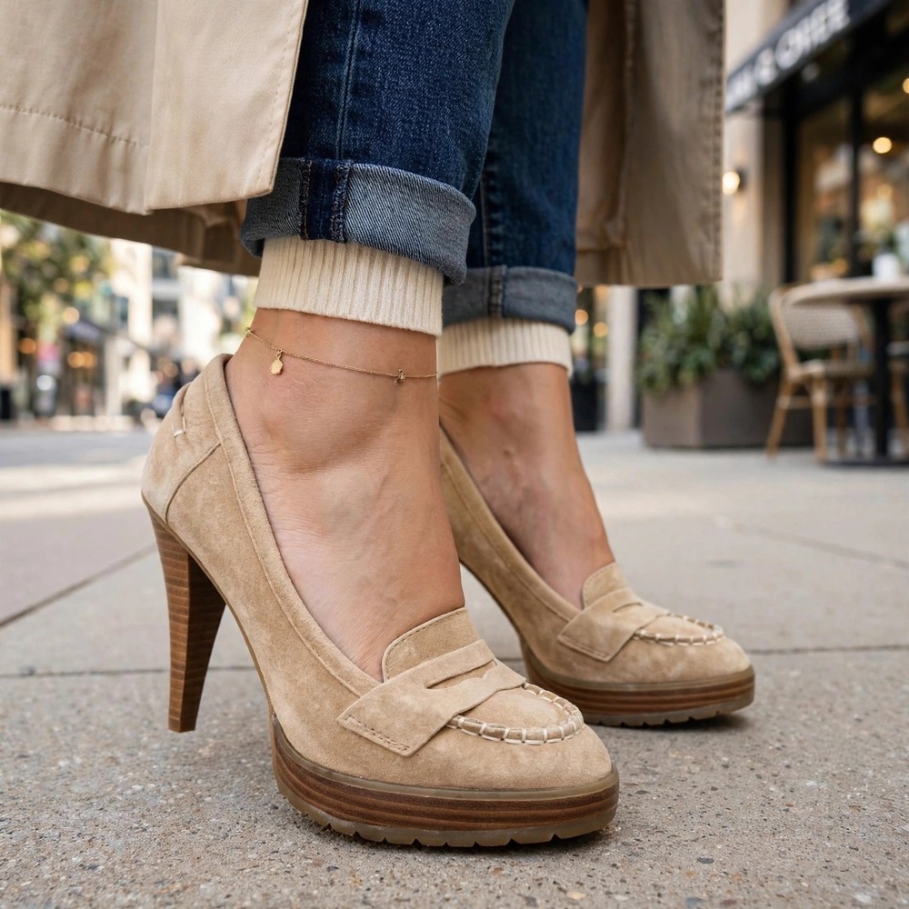 Envy Penny Camel Suede Platform High Heel Loafer Pumps Womens Size 10